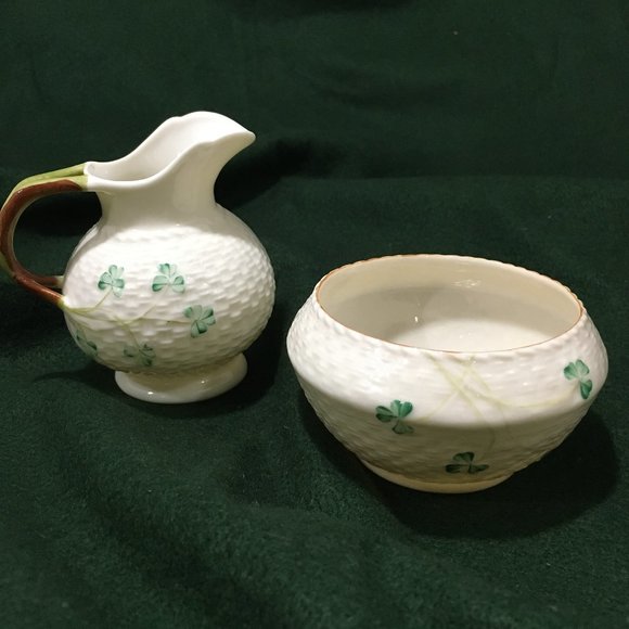 Belleek Shamrock Basket Weave Creamer & Open Sugar Bowl 6th Mark 1965-80 Vintage - Picture 1 of 13